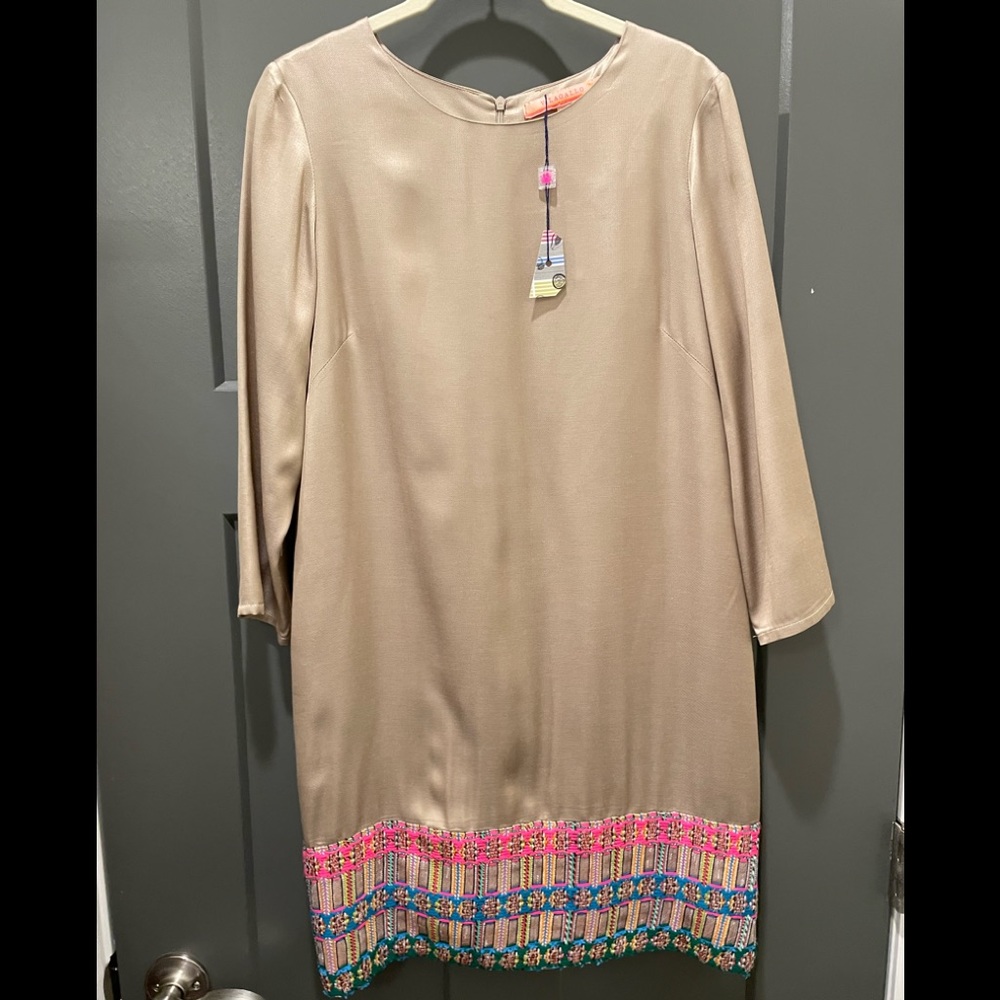 Vilagallo 8 gold dress blue pink embroidery NWT
